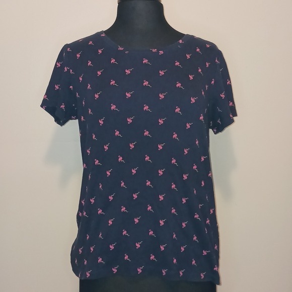Navy Blue Gloria Vanderbilt Flamingo Print T Shirt Top 1 flaw M - Picture 1 of 9